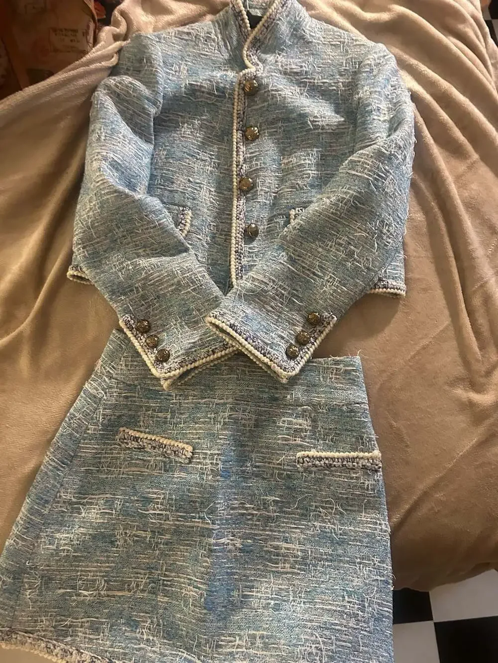 Chanel Blue Tweed Blazer and Skirt Set Size 40